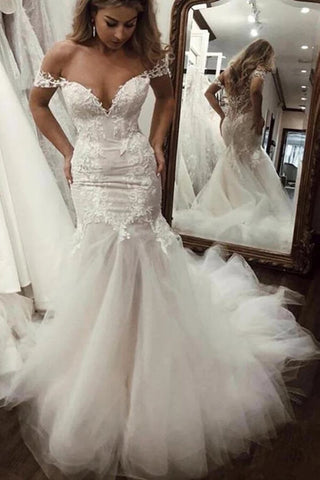Cheap Off the Shoulder Mermaid Wedding Dresses Vintage Lace Bridal Gown