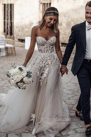 Cheap Tulle A-line Sweetheart Long Wedding Dresses with Lace Appliques
