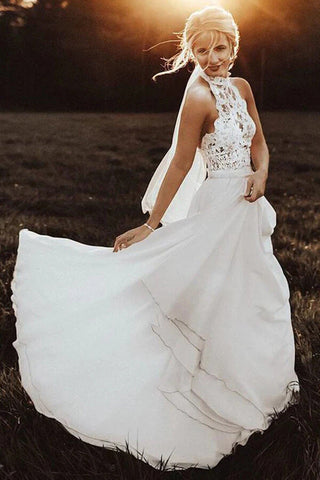 Chiffon A-Line Halter Sleeveless Long Beach Wedding Dress with Lace