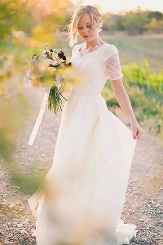 Chiffon A-line Short Sleeves Boho Wedding Dresses, Lace Wedding Gown