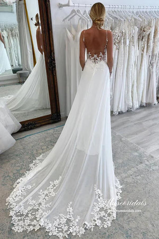 Chiffon A-line Spaghetti Straps Lace Appliques Court Train Wedding Dress