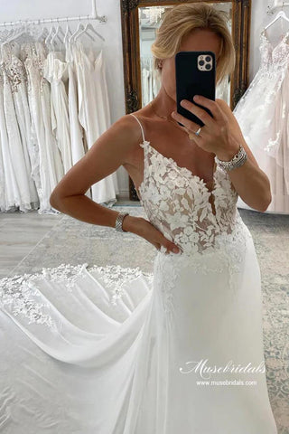 Chiffon A-line Spaghetti Straps Lace Appliques Court Train Wedding Dress