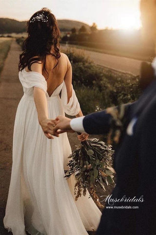 Chiffon A-line V-Neck Off-the-Shoulder Backless Simple Wedding Dresses