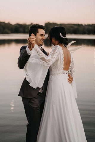 Chiffon A-line V-neck Backless Lace Wedding Dresses, Bridal Gowns