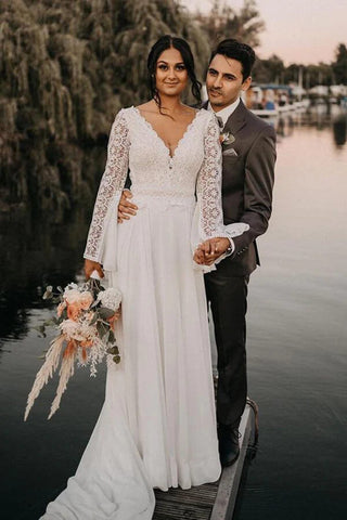 Chiffon A-line V-neck Backless Lace Wedding Dresses, Bridal Gowns