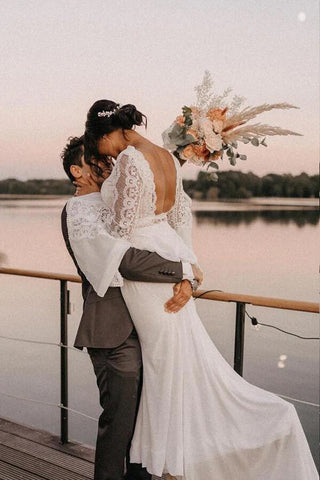 Chiffon A-line V-neck Backless Lace Wedding Dresses, Bridal Gowns