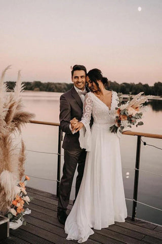 Chiffon A-line V-neck Backless Lace Wedding Dresses, Bridal Gowns