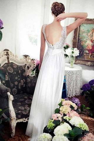 Chiffon A-line V-neck Beach Wedding Dress With Train, Lace Wedding Gown