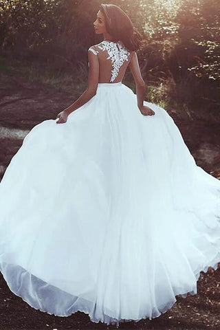 Chiffon A-line V-neck Lace Appliques Wedding Dress With Slit, Bridal Gown