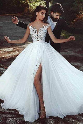 Chiffon A-line V-neck Lace Appliques Wedding Dress With Slit, Bridal Gown