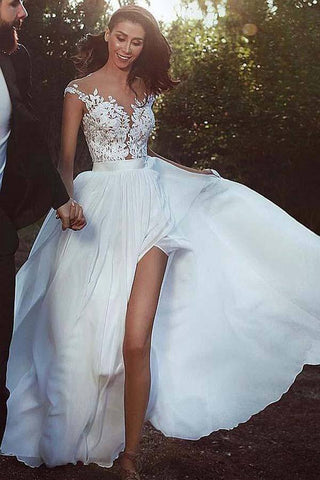 Chiffon A-line V-neck Lace Appliques Wedding Dress With Slit, Bridal Gown