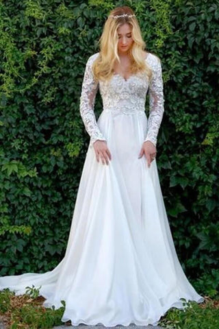 Chiffon A-line V-neck Long Sleeves Lace Appliques Wedding Dresses