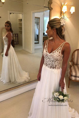 Chiffon A-line V-neck Open Back Wedding Dresses With Lace Appliques