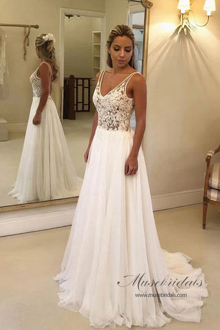 Chiffon A-line V-neck Open Back Wedding Dresses With Lace Appliques