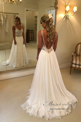 Chiffon A-line V-neck Open Back Wedding Dresses With Lace Appliques