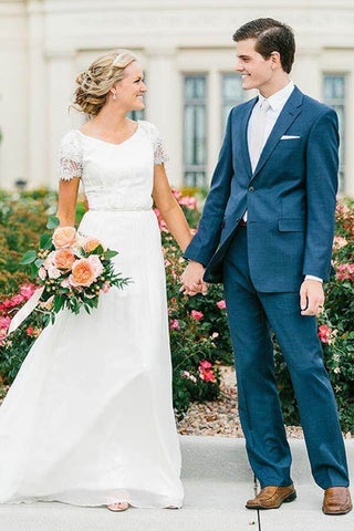Chiffon A-line V-neck Short Sleeves Wedding Dresses With Beading