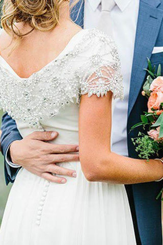 Chiffon A-line V-neck Short Sleeves Wedding Dresses With Beading