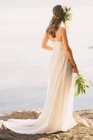 Chiffon A-line V-neck Spaghetti Straps Simple Wedding Dress With Train