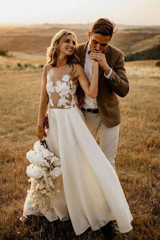 Chiffon Floral Lace Round Neck Floor Length Beach Wedding Dresses