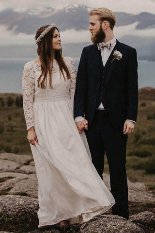 Chiffon Lace A-line Bateau Long Sleeves Wedding Dresses, Bridal Gown