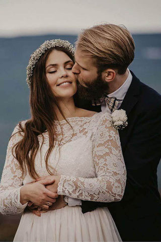 Chiffon Lace A-line Bateau Long Sleeves Wedding Dresses, Bridal Gown