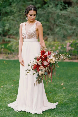 Chiffon Sequins A-line V-neck Long Bridesmaid Dresses With Bowknot
