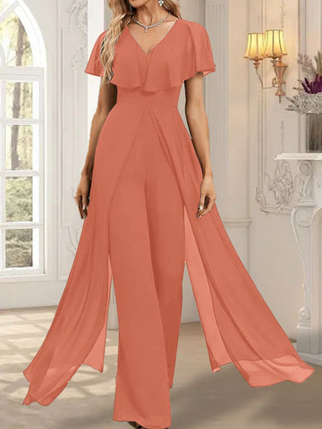 Jumpsuit/Hosenanzug V-Ausschnitt Bodenlanges Chiffon Abendkleid