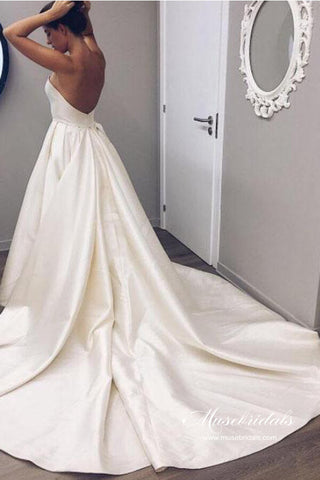 Classic Ivory Satin Strapless Off Shoulder Cathedral Train Wedding Dresses