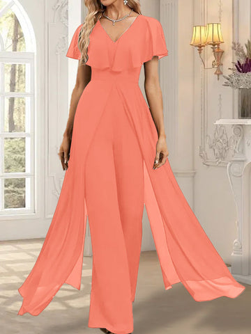 Jumpsuit/Hosenanzug V-Ausschnitt Bodenlanges Chiffon Abendkleid
