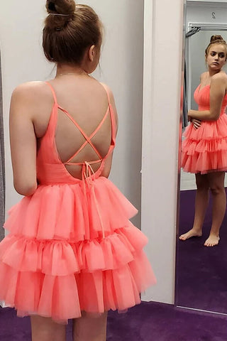 Coral A-line Soft Tulle Backless Homecoming Dresses, Short Prom Dresses
