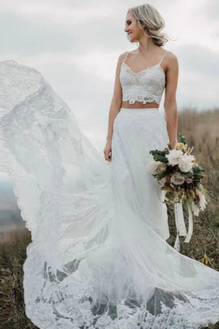 Crop Top Lace Two Piece Boho Spaghetti Straps Wedding Dresses