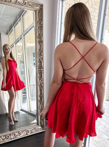 Satin A-line Cross Back Spaghetti Straps Homecoming Dresses
