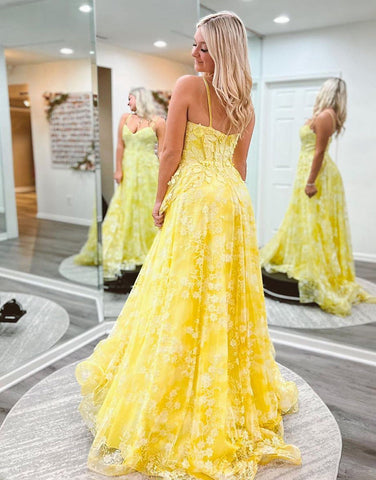 Cute Yellow A-Line Spaghetti Straps Long Prom Dress With Appliques