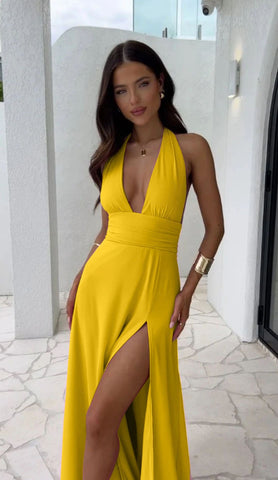 New Fashion Hanging Neck Split Lace Solid Color Dress for Women