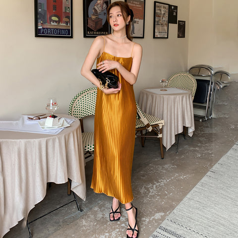 Spaghetti Strap Pleated Satin Dress Loose Casual Sexy Korean Party Dress Long Midi Dress Straight Slash Neck Summer Dress