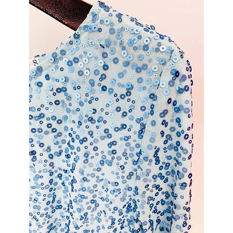 Neck Fashion Elegant Flare Sleeve Blue Sequins Party High Street Mini Straight Women Glitter Dress