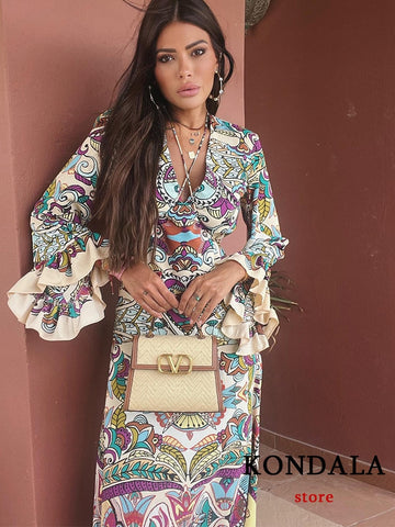 Vintage Blumendruck V-Ausschnitt Lockeres Langes Kleid Frauen Blütenblatt Ärmel Rüschen Fashionn Kleid Boho Elegante Vestidos