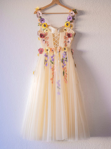Flower Tulle Tea Length Prom Dresses