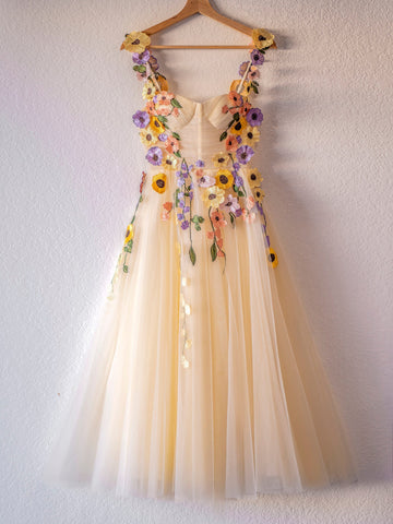 Flower Tulle Tea Length Prom Dresses