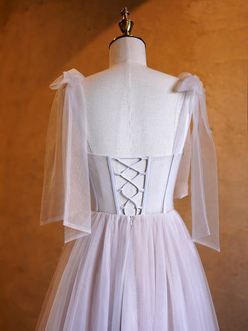 A-line Corset Applique Tulle Bow Straps Long Prom Dress with sweep train
