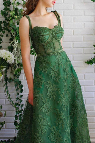 Dark Green A-line Tulle Lace Spaghetti Straps Prom Dresses, Party Dresses