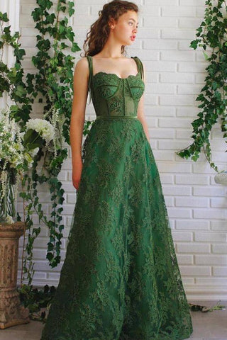 Dark Green A-line Tulle Lace Spaghetti Straps Prom Dresses, Party Dresses