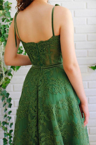 Dark Green A-line Tulle Lace Spaghetti Straps Prom Dresses, Party Dresses