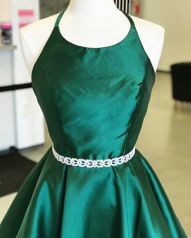 Dark Green Satin Round Neck Homecoming Dresses, Short Prom Dress