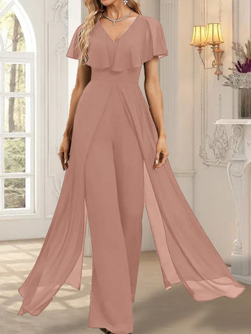 Jumpsuit/Hosenanzug V-Ausschnitt Bodenlanges Chiffon Abendkleid