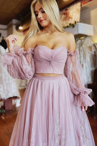 Tulle Two-Pieces Long Sleeves Prom Dresses With Appliques