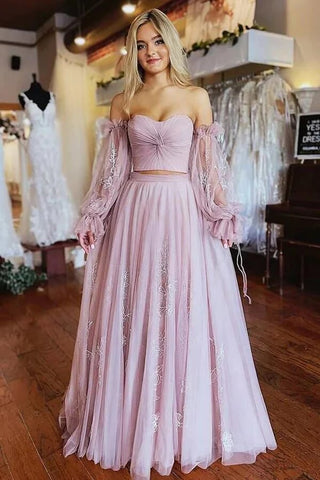 Tulle Two-Pieces Long Sleeves Prom Dresses With Appliques