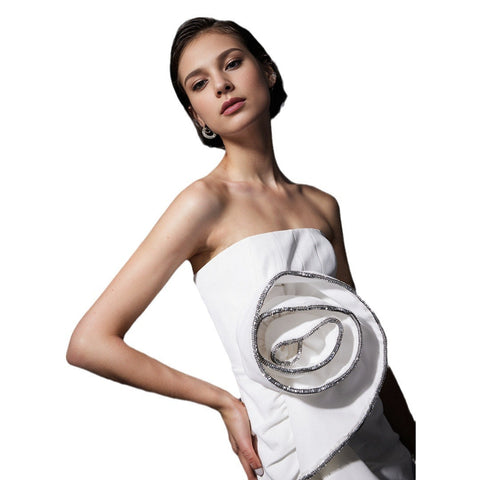 Robe de soirée à fleurs sans bretelles, luxueuse et sexy, avec des diamants cloutés, pour femme
