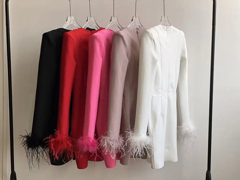 Black White Red Pink Blue Dusty Pink  Bandage Feathers Dress