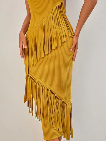Sommergelbes Quastenkleid Hüftwickelkleid Verbandkleid